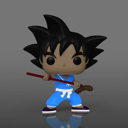 Blue and white funko pop! Figure of goku in his classic martial arts outfit, holding a red staff.