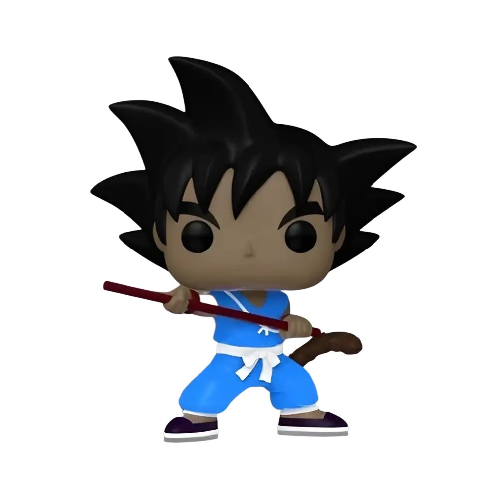 Blue and white funko pop! Figure of goku in his classic martial arts outfit, holding a red staff.