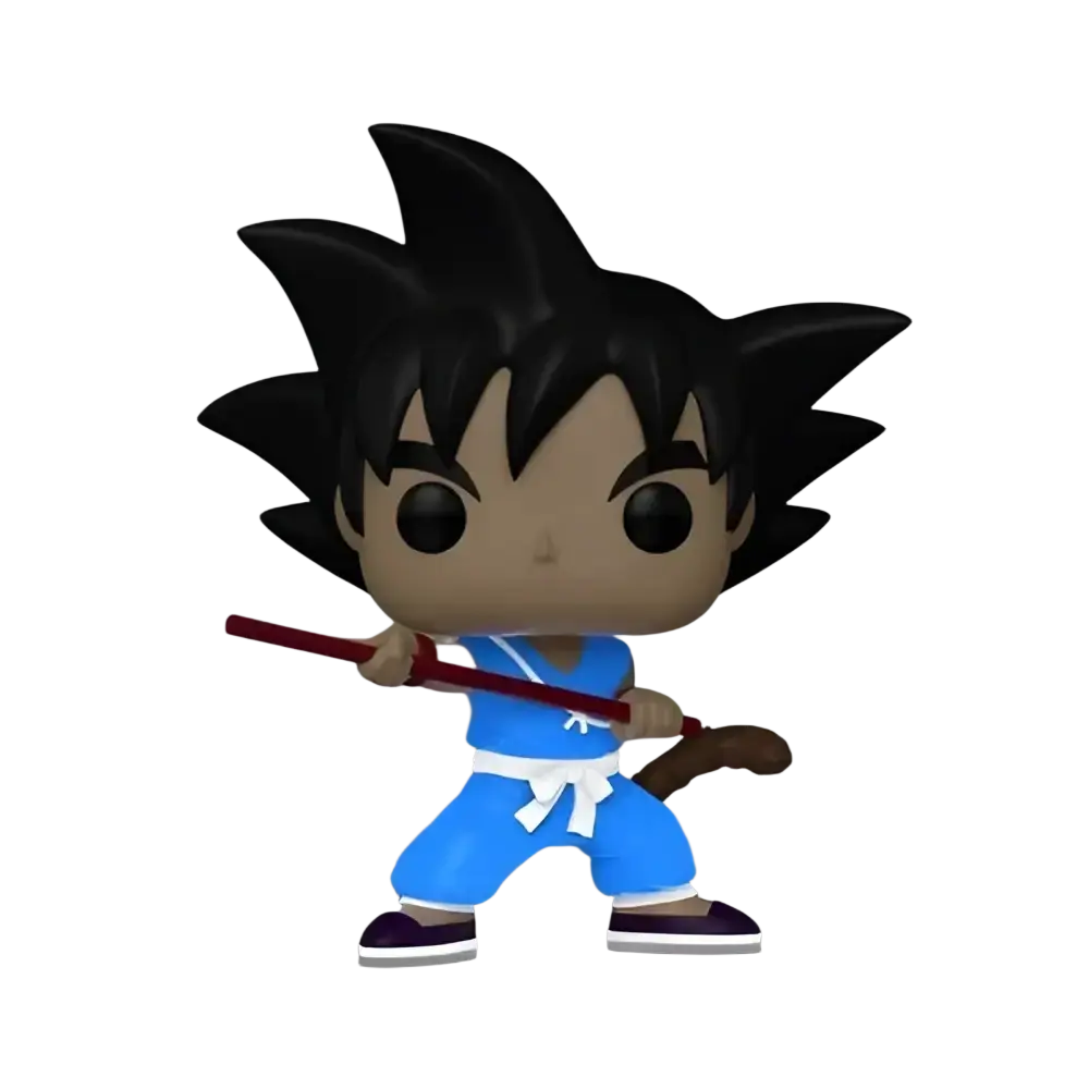 Blue and white funko pop! Figure of goku in his classic martial arts outfit, holding a red staff.