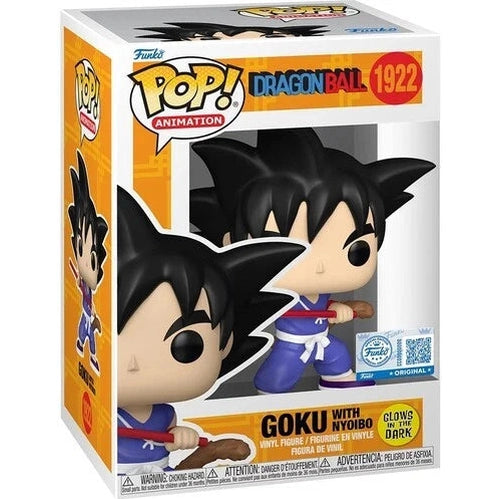 Goku with nyoibo vinyl figure in blue and white martial arts uniform, black spiky hair, holding a red sword.