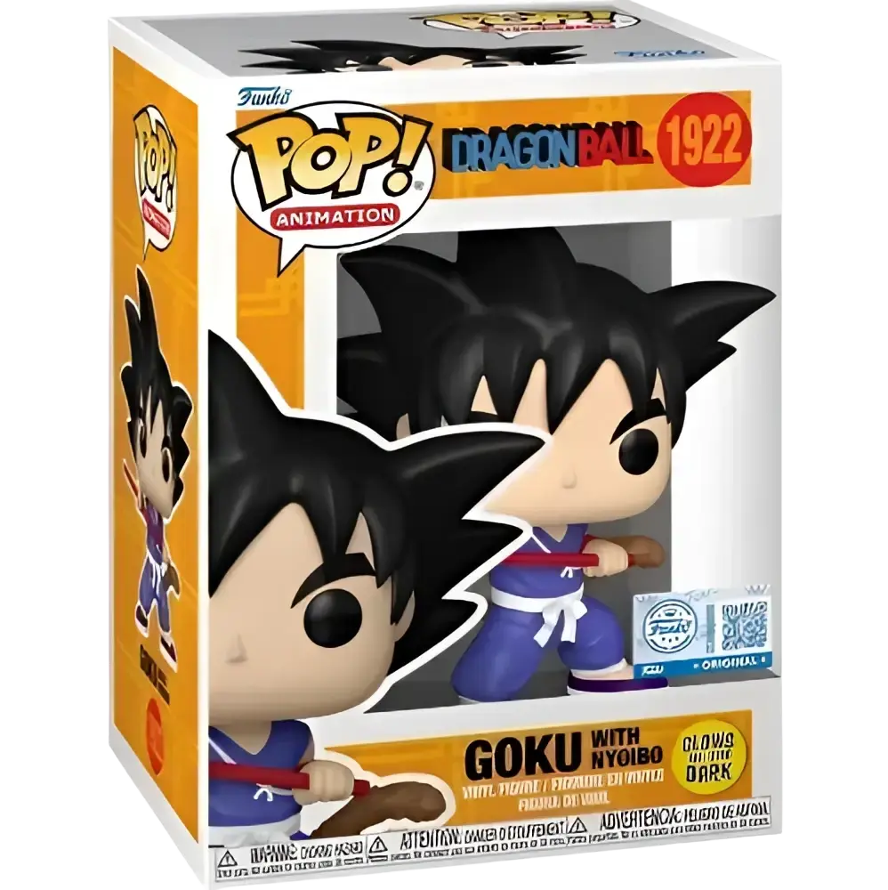 Goku with nyoibo vinyl figure in blue and white martial arts uniform, black spiky hair, holding a red sword.