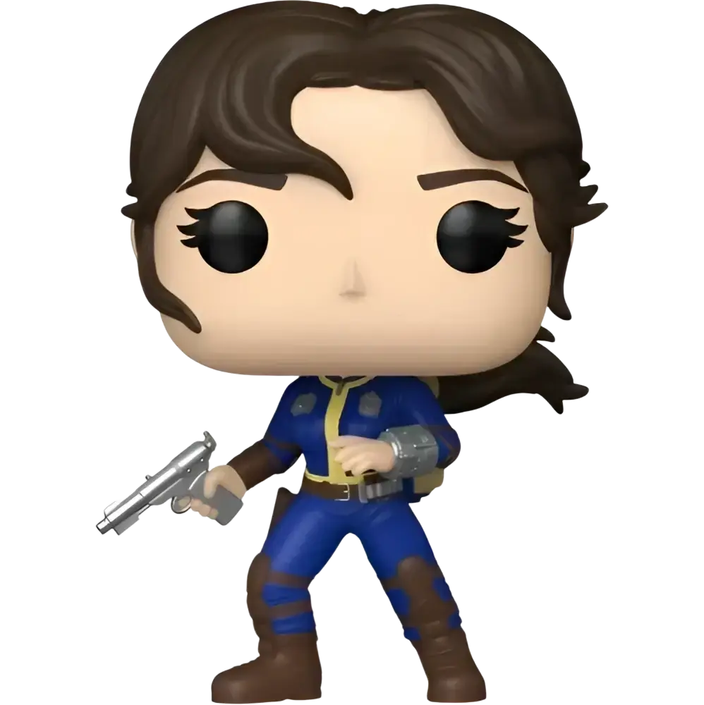Blue and yellow armored figure with brown hair, holding a silver pistol.