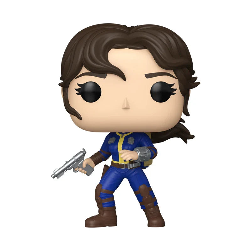 Blue and yellow armored figure with brown hair, holding a silver pistol.