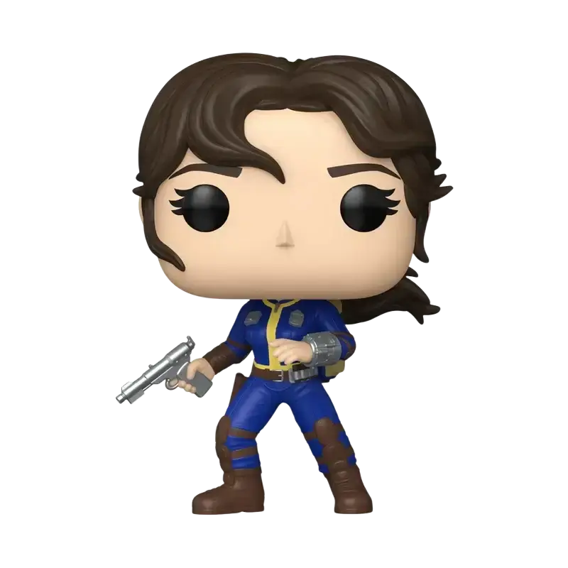 Blue and yellow armored figure with brown hair, holding a silver pistol.