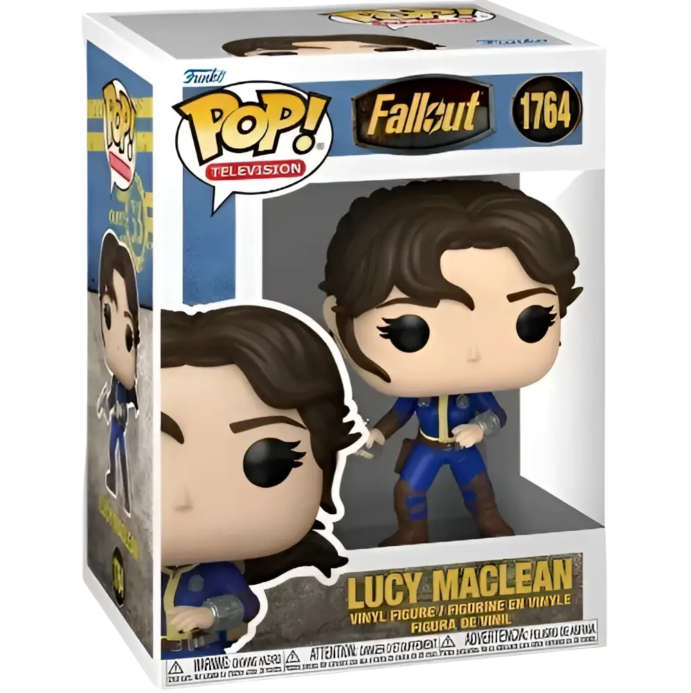 Lucy maclean vinyl figure in a blue and brown vault-tec jumpsuit with black hair, from the fallout television series.
