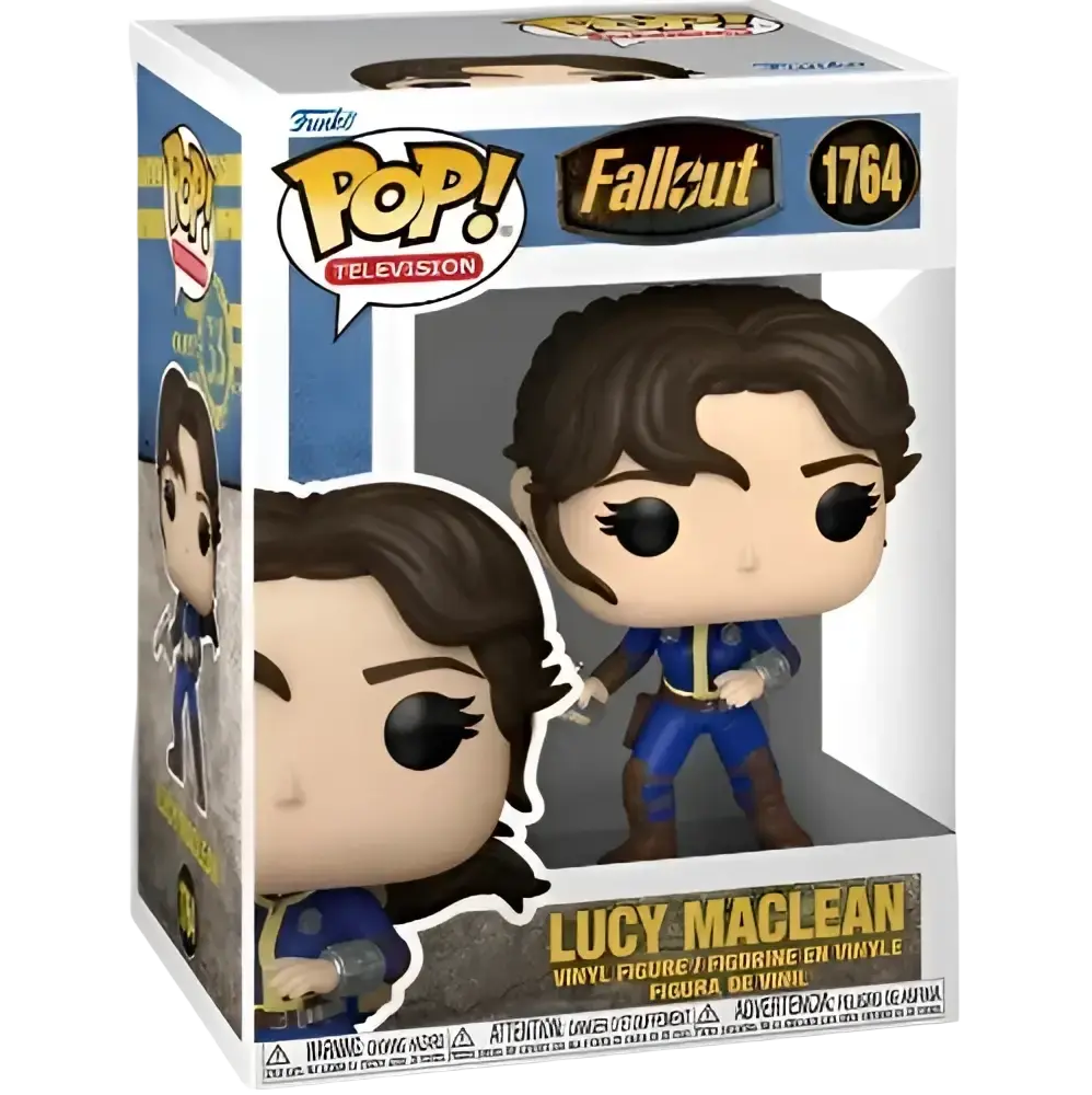 Lucy maclean vinyl figure in a blue and brown vault-tec jumpsuit with black hair, from the fallout television series.
