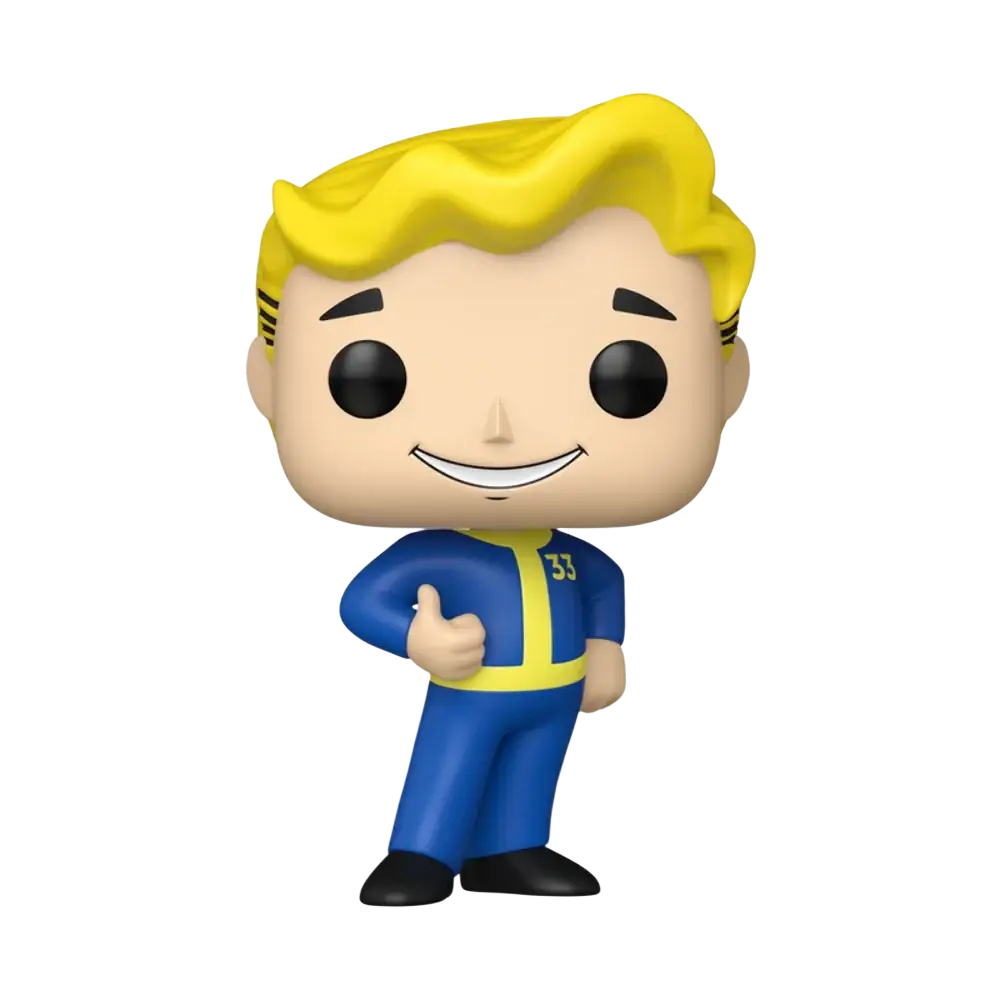Funko Pop vault boy action figure wearing blue and yellow jumpsuit with blonde hair giving thumbs up