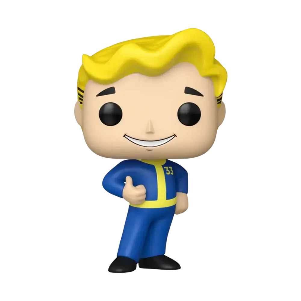Funko Pop vault boy action figure wearing blue and yellow jumpsuit with blonde hair giving thumbs up