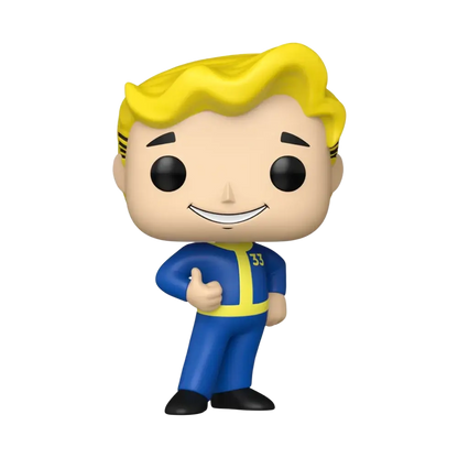 Funko Pop vault boy action figure wearing blue and yellow jumpsuit with blonde hair giving thumbs up