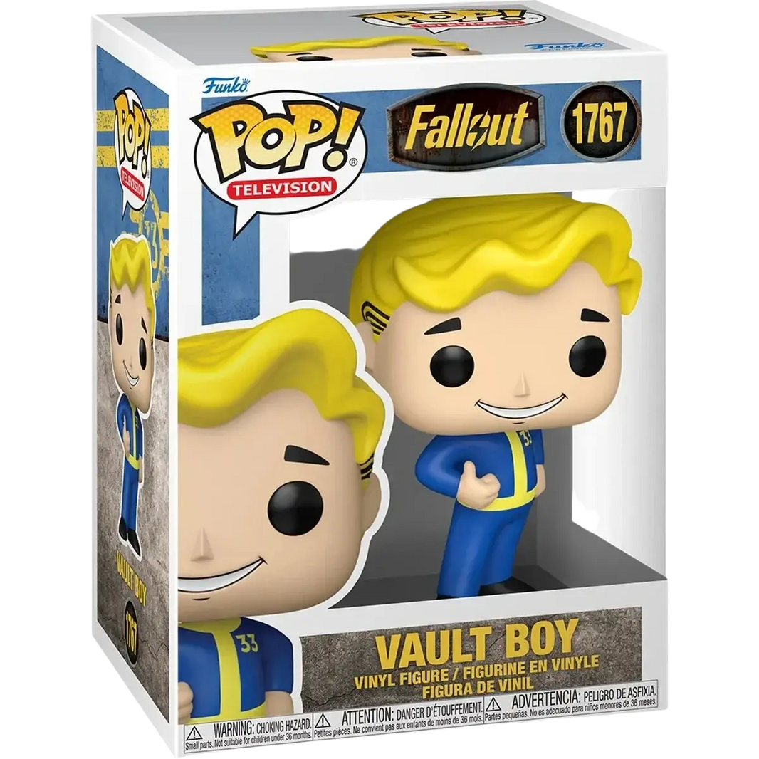 Funko Pop Vault Boy action and toy figure in blue and yellow vinyl displayed in television box packaging