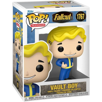 Funko Pop Vault Boy action and toy figure in blue and yellow vinyl displayed in television box packaging
