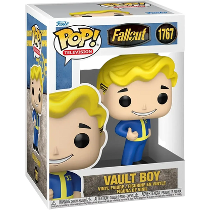Funko Pop Vault Boy action and toy figure in blue and yellow vinyl displayed in television box packaging