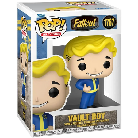 Funko Pop Vault Boy action and toy figure in blue and yellow vinyl displayed in television box packaging