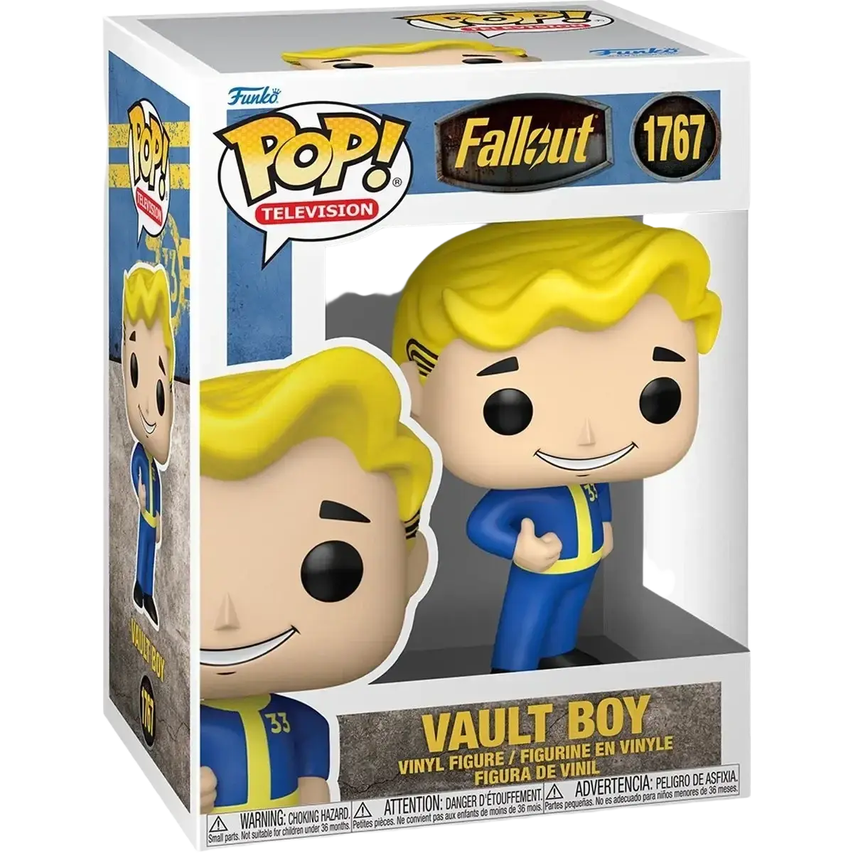 Yellow-haired vault boy vinyl figure in a blue and yellow jumpsuit, packaged in a funko pop! Television box.