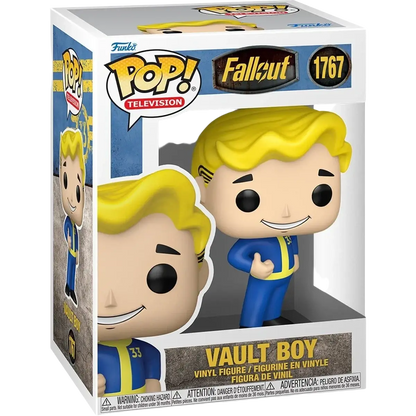 Yellow-haired vault boy vinyl figure in a blue and yellow jumpsuit, packaged in a funko pop! Television box.