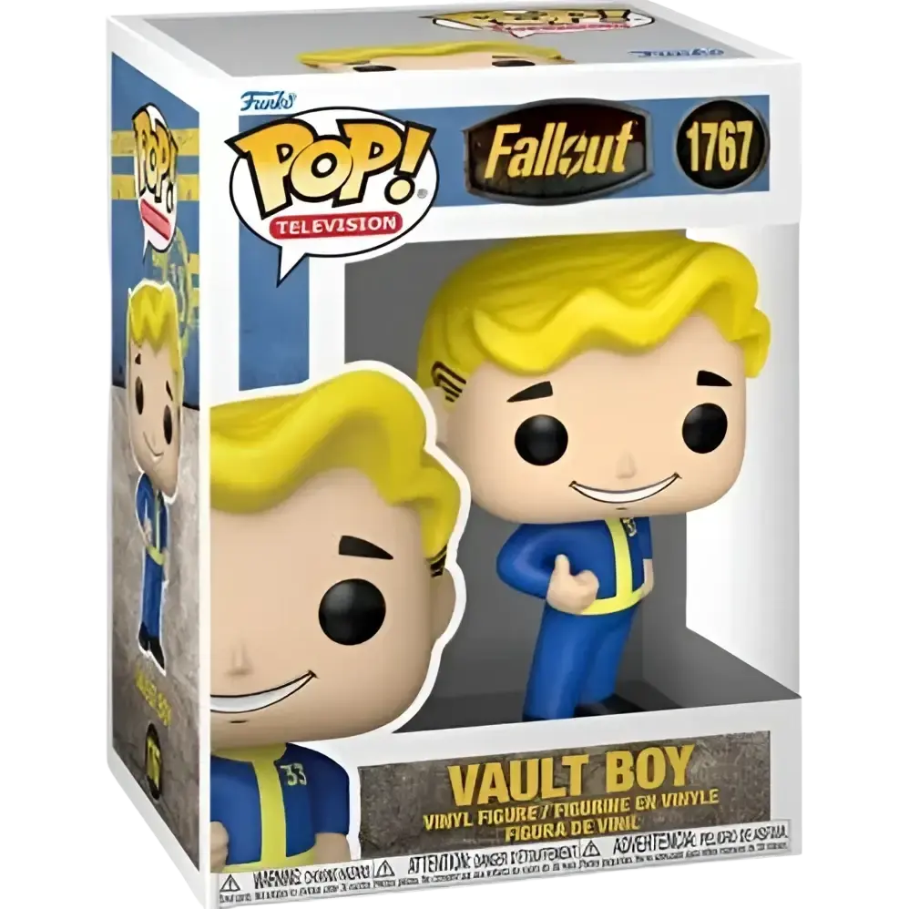 Funko pop vault boy vinyl figure with yellow hair in blue jumpsuit packaged as action and toy figures in box