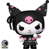 Black and pink kawaii character figurine with a skull emblem on its forehead, wearing a party hat adorned with hearts.