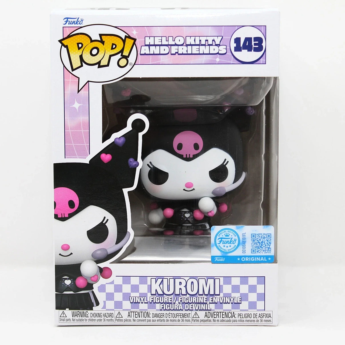 Black and pink vinyl figurine of kuromi from the hello kitty and friends series, featuring a skull face with purple accents and heart-shaped details on her hat.