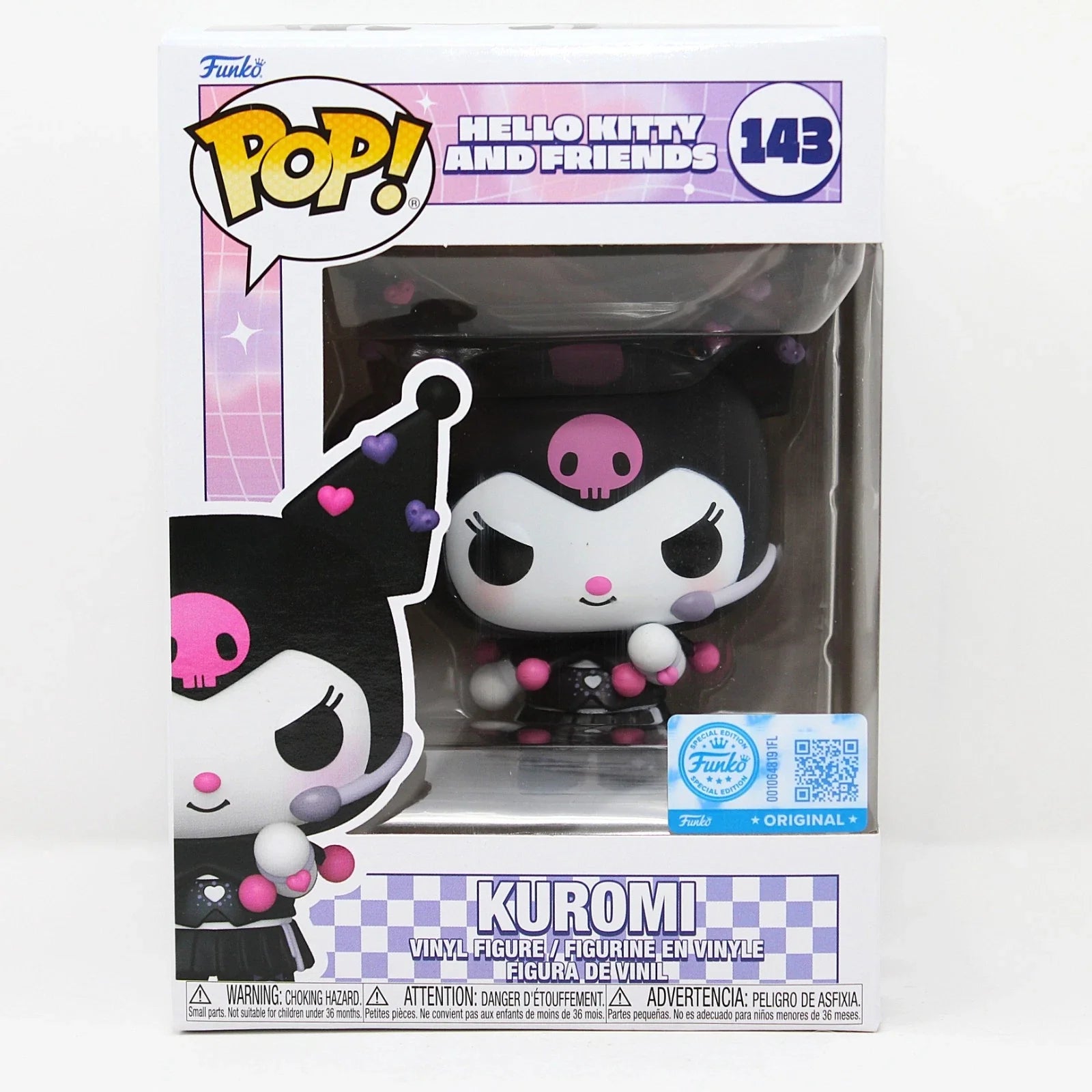 Black and pink vinyl figurine of kuromi from the hello kitty and friends series, featuring a skull face with purple accents and heart-shaped details on her hat.