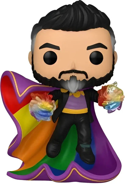 Funko pop vinyl figure of doctor strange in rainbow cloak wearing purple and gold outfit in window display box
