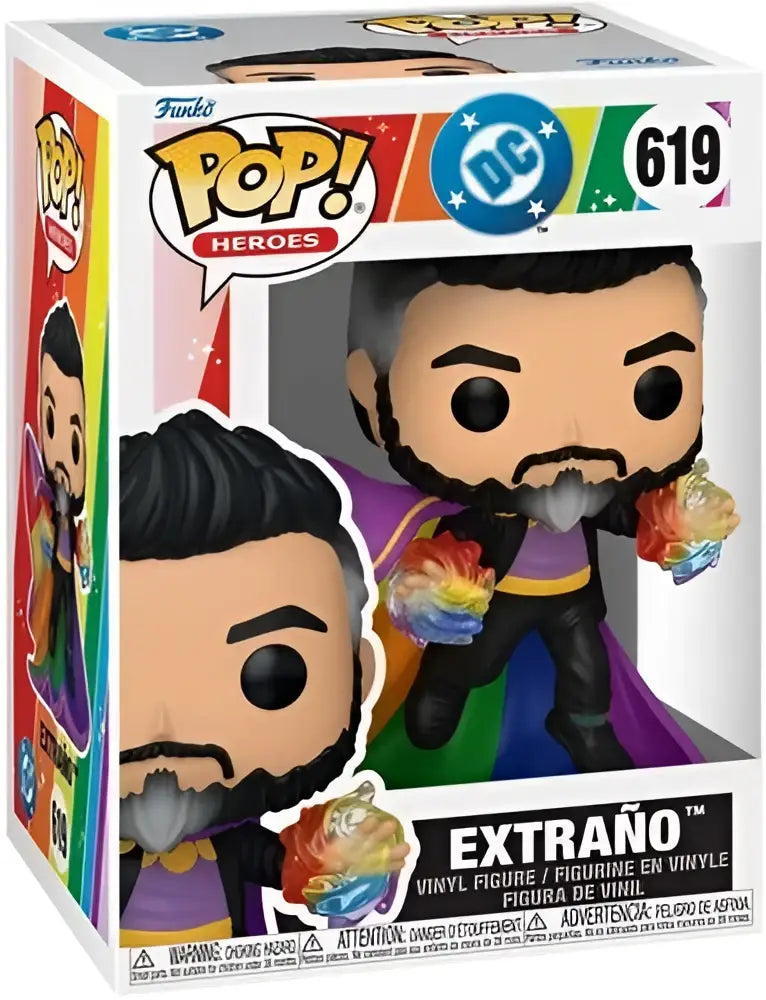 Funko pop vinyl figure of dc hero extraño in rainbow colors with purple cape and gold accents in window display box