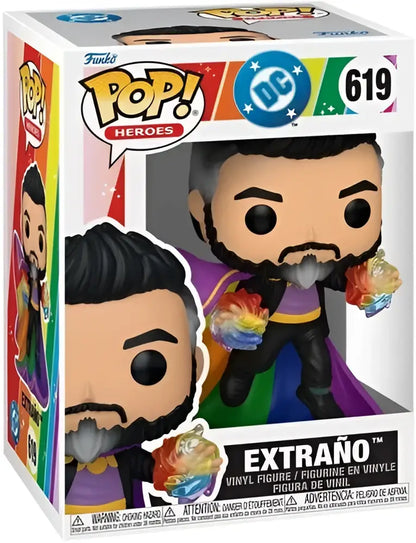 Funko pop vinyl figure of dc hero extraño in rainbow colors with purple cape and gold accents in window display box