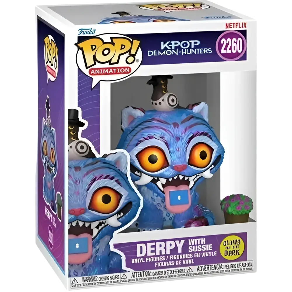 Funko pop k-pop demon hunters vinyl figure of derpy with blue and purple stripes and small green plant on her head