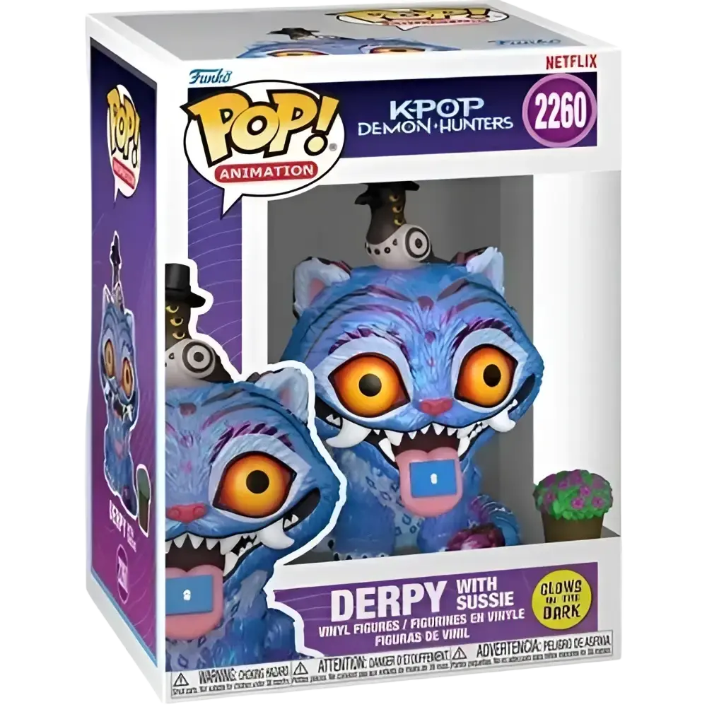 Funko pop k-pop demon hunters vinyl figure of derpy with blue and purple stripes and small green plant on her head