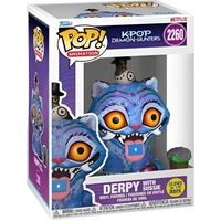 Funko pop k-pop demon hunters vinyl figure of derpy with blue and purple stripes and small green plant on her head