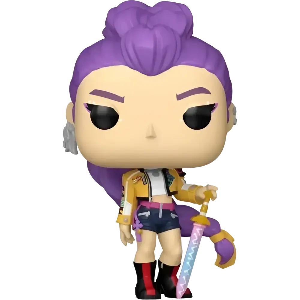 Funko Pop K-Pop Demon Hunters Rumi vinyl figure with purple hair, yellow jacket, blue shorts, and sword accessory