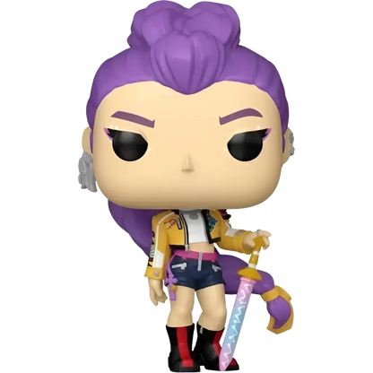 Funko Pop K-Pop Demon Hunters Rumi vinyl figure with purple hair, yellow jacket, blue shorts, and sword accessory