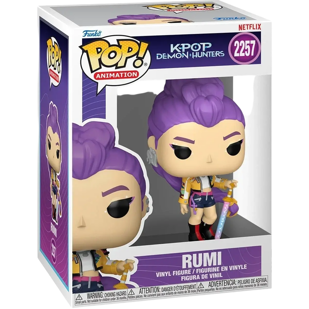 Funko pop k-pop demon hunters rumi vinyl figure wearing yellow and black jacket with blue shorts collectible