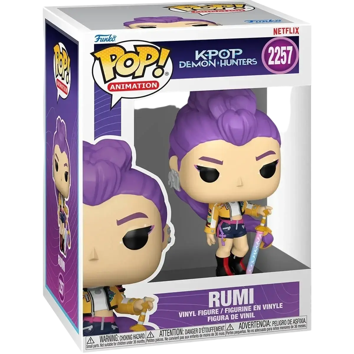 Funko pop k-pop demon hunters rumi vinyl figure wearing yellow and black jacket with blue shorts collectible