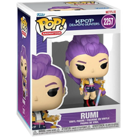 Funko pop k-pop demon hunters rumi vinyl figure wearing yellow and black jacket with blue shorts collectible