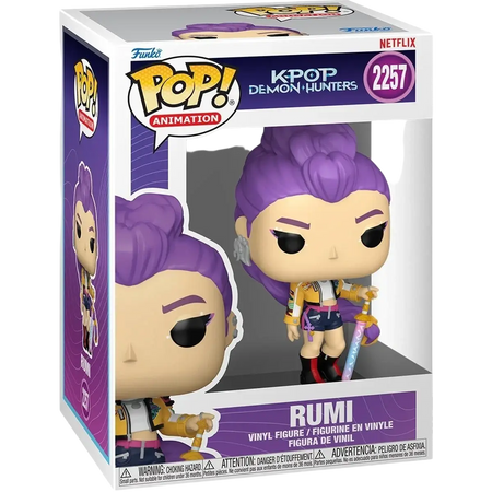 Funko pop k-pop demon hunters rumi vinyl figure wearing yellow and black jacket with blue shorts collectible