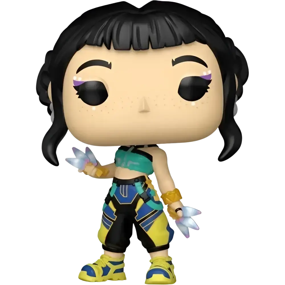 Funko pop vinyl figure of k-pop demon hunters zoey with black hair glowing blue wings and colorful outfit in window display