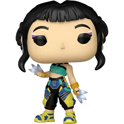 Funko pop vinyl figure of k-pop demon hunters zoey with black hair glowing blue wings and colorful outfit in window display