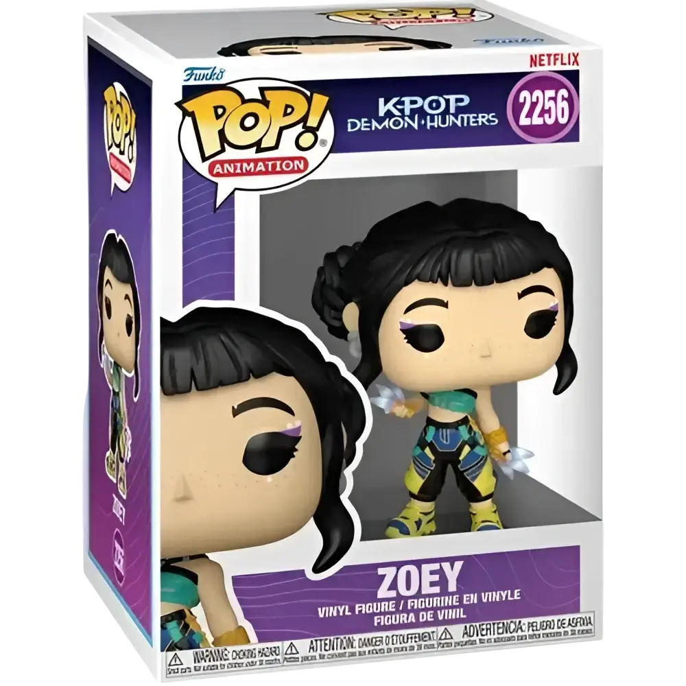 Funko pop vinyl figure of zoey from k-pop demon hunters with black hair bun wearing teal top in window display