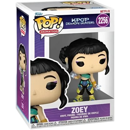 Funko pop vinyl figure of zoey from k-pop demon hunters with black hair bun wearing teal top in window display