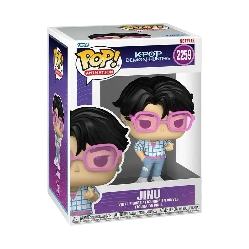 Funko pop kpop demon hunters vinyl figure of jinu wearing pink-framed glasses in a collectible design