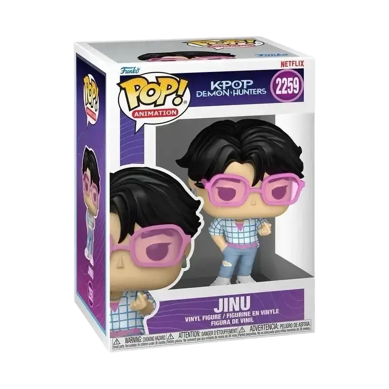 Funko pop kpop demon hunters vinyl figure of jinu wearing pink-framed glasses in a collectible design