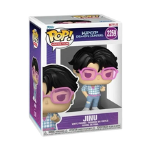 Funko pop kpop demon hunters vinyl figure of jinu wearing pink-framed glasses in a collectible design
