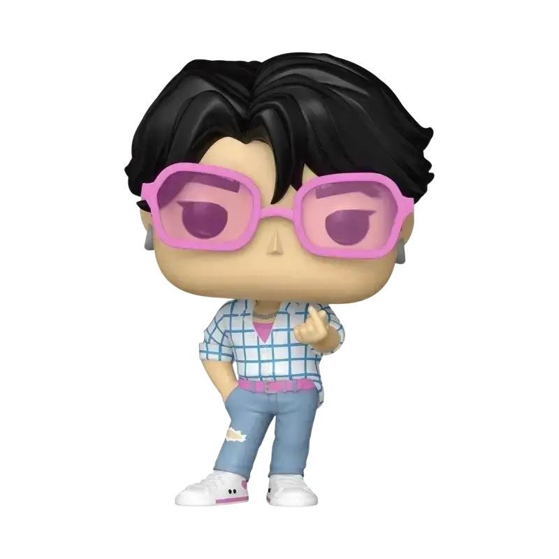 Funko pop kpop demon hunters jinu vinyl figure with black hair oversized pink glasses and blue-white checkered shirt