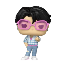 Funko pop kpop demon hunters jinu vinyl figure with black hair oversized pink glasses and blue-white checkered shirt