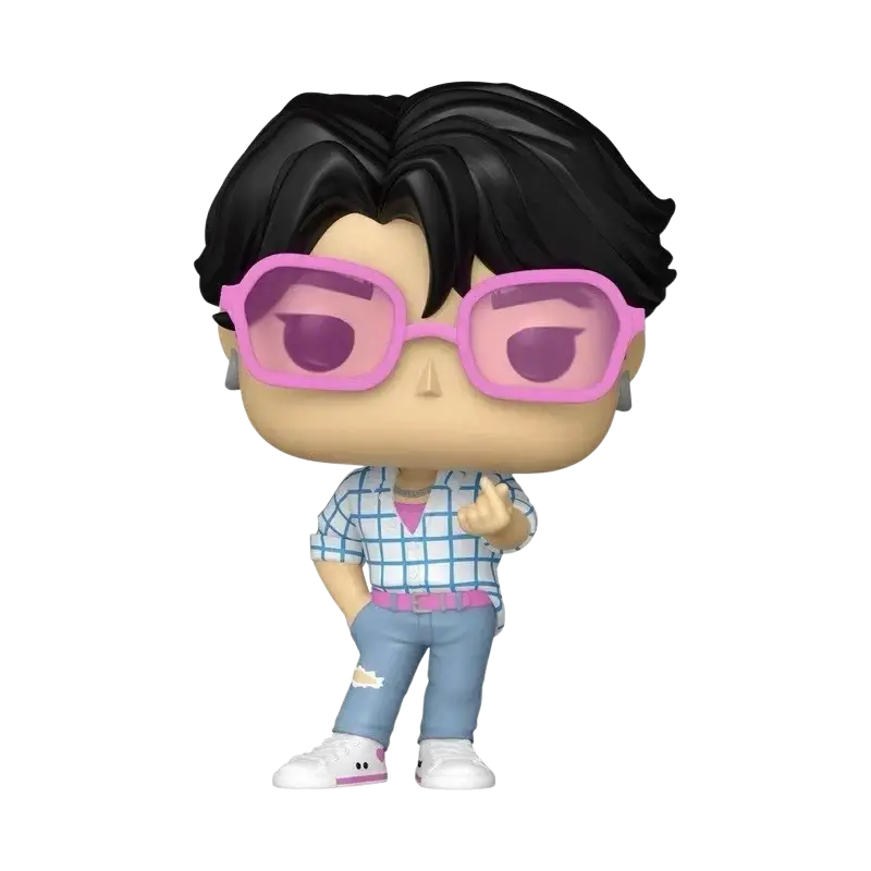 Funko pop kpop demon hunters jinu vinyl figure with black hair oversized pink glasses and blue-white checkered shirt