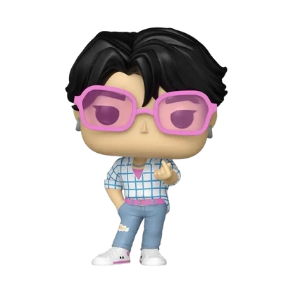 Funko pop kpop demon hunters jinu vinyl figure with black hair oversized pink glasses and blue-white checkered shirt