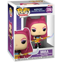 Funko Pop kpop demon hunters mira figure with pink hair holding golden sword with silver blade collectible figure