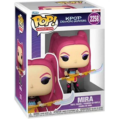 Funko Pop kpop demon hunters mira figure with pink hair holding golden sword with silver blade collectible figure