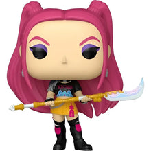 Funko Pop Kpop Demon Hunters Mira figure with pink hair purple eyes black t-shirt yellow shorts holding golden sword