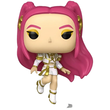 Funko pop kpop demon hunters mira figure with pink hair white and gold outfit on clear plastic base